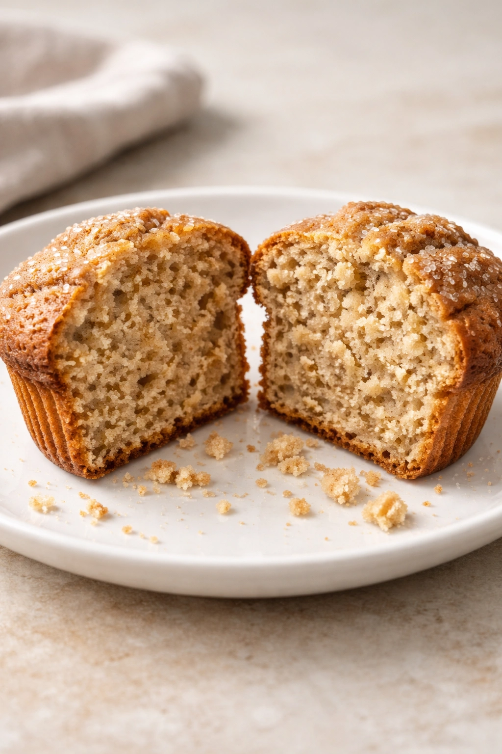 Muffin half reveals dry dense crumb