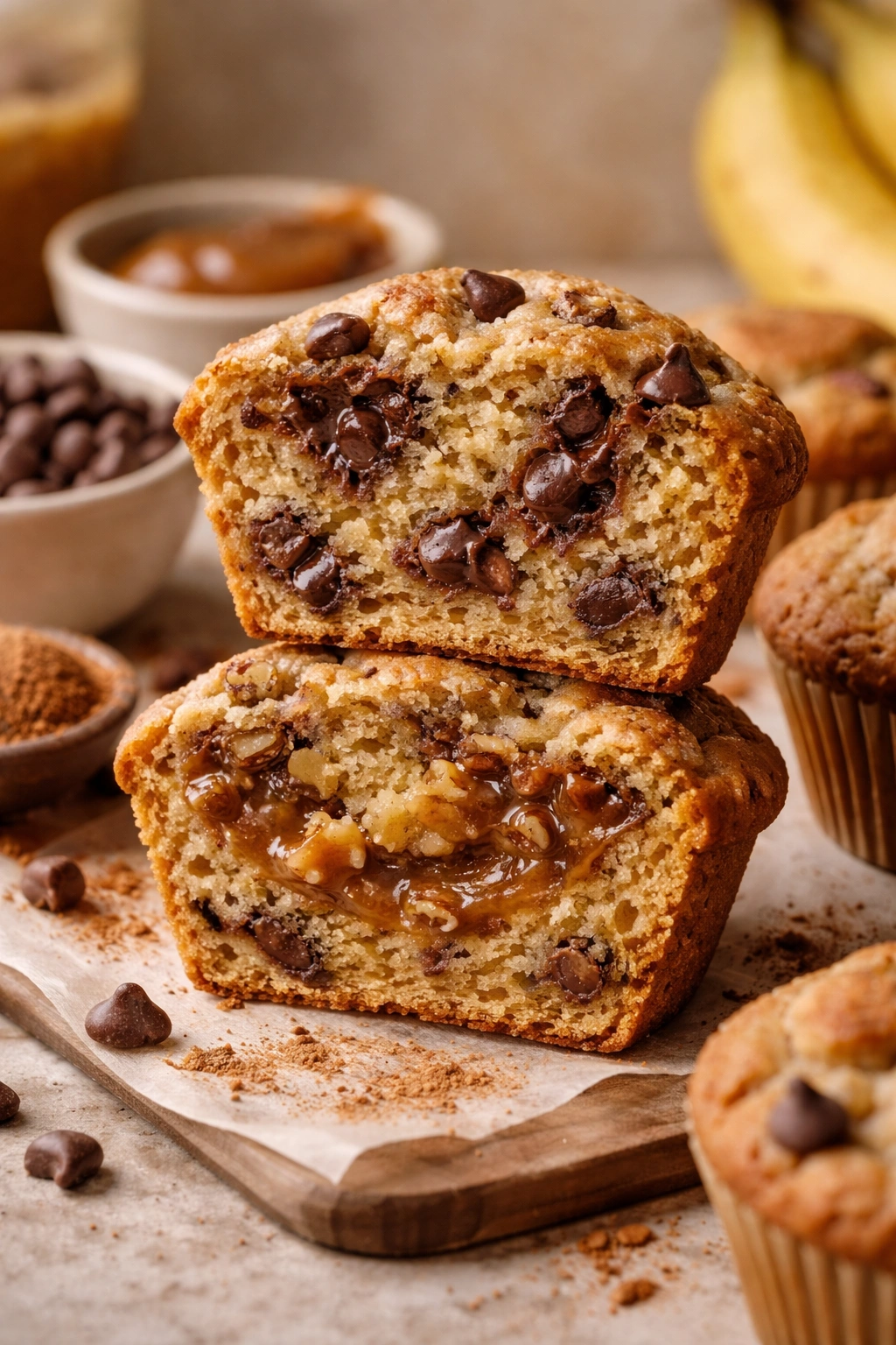 Muffin cross-section showing chips and caramel swirl