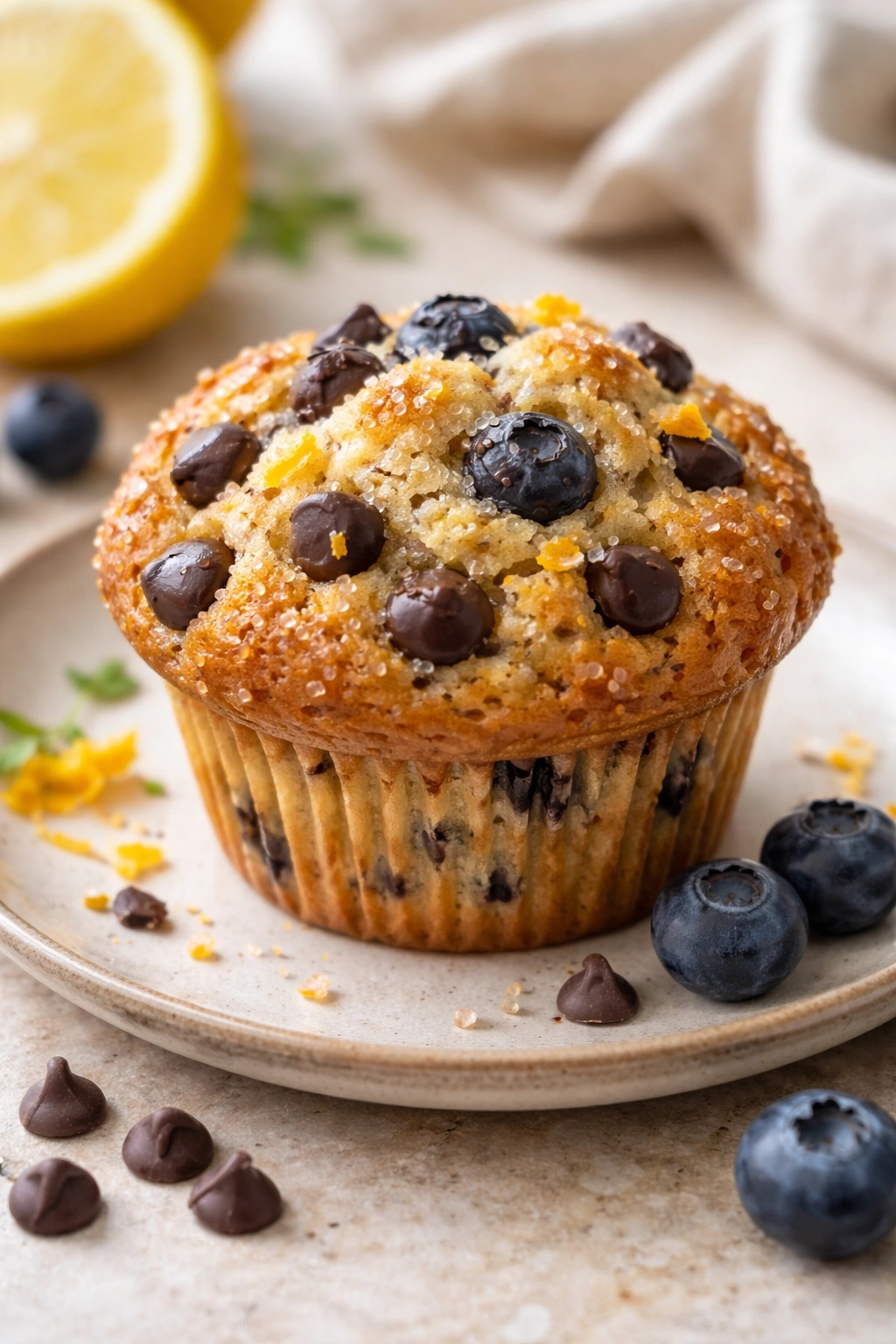 Muffin with visible mix-ins like chocolate chips and zest