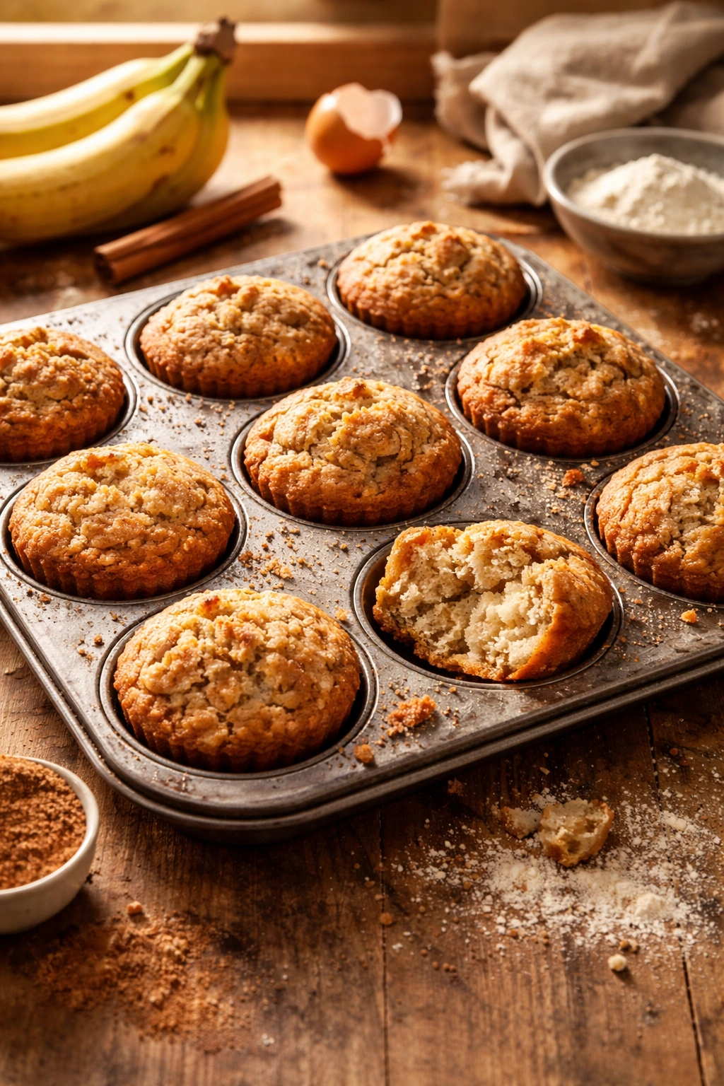 Close-up of muffins with dry crumb and uneven rise, highlighting common baking mistakes