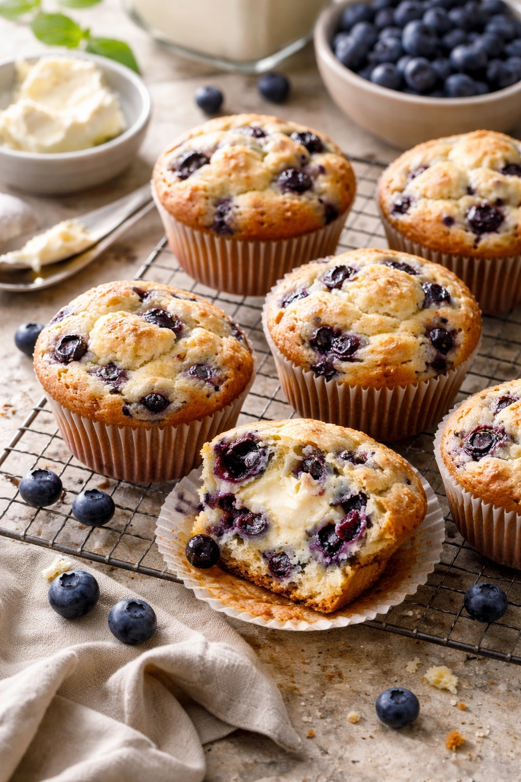 Close-up of muffins showing cream cheese swirl and blueberry specks