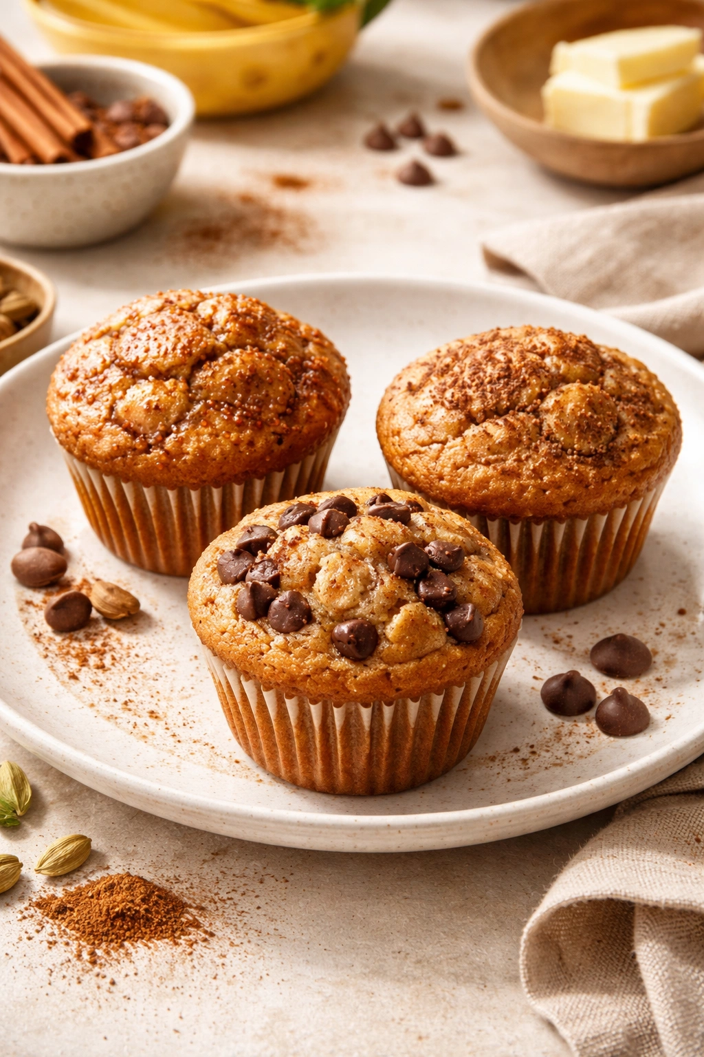 Three muffins showing variations: brown butter gloss, spice specks, and chocolate chips