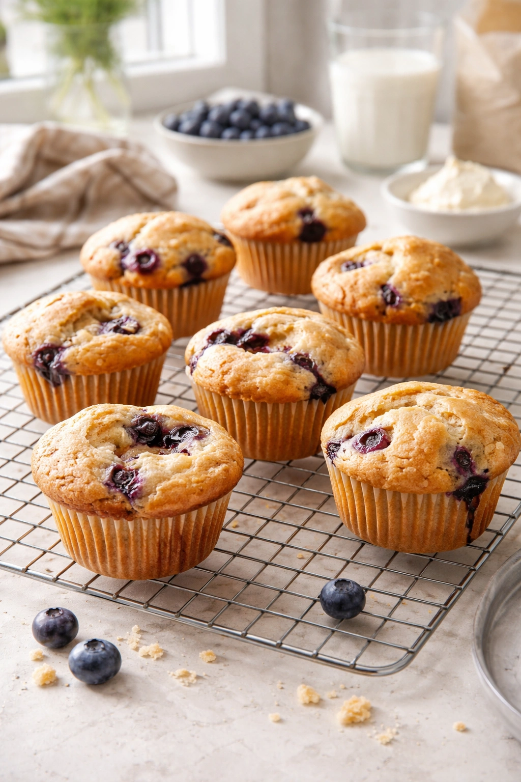 Muffins with uneven tops cooling on a rack