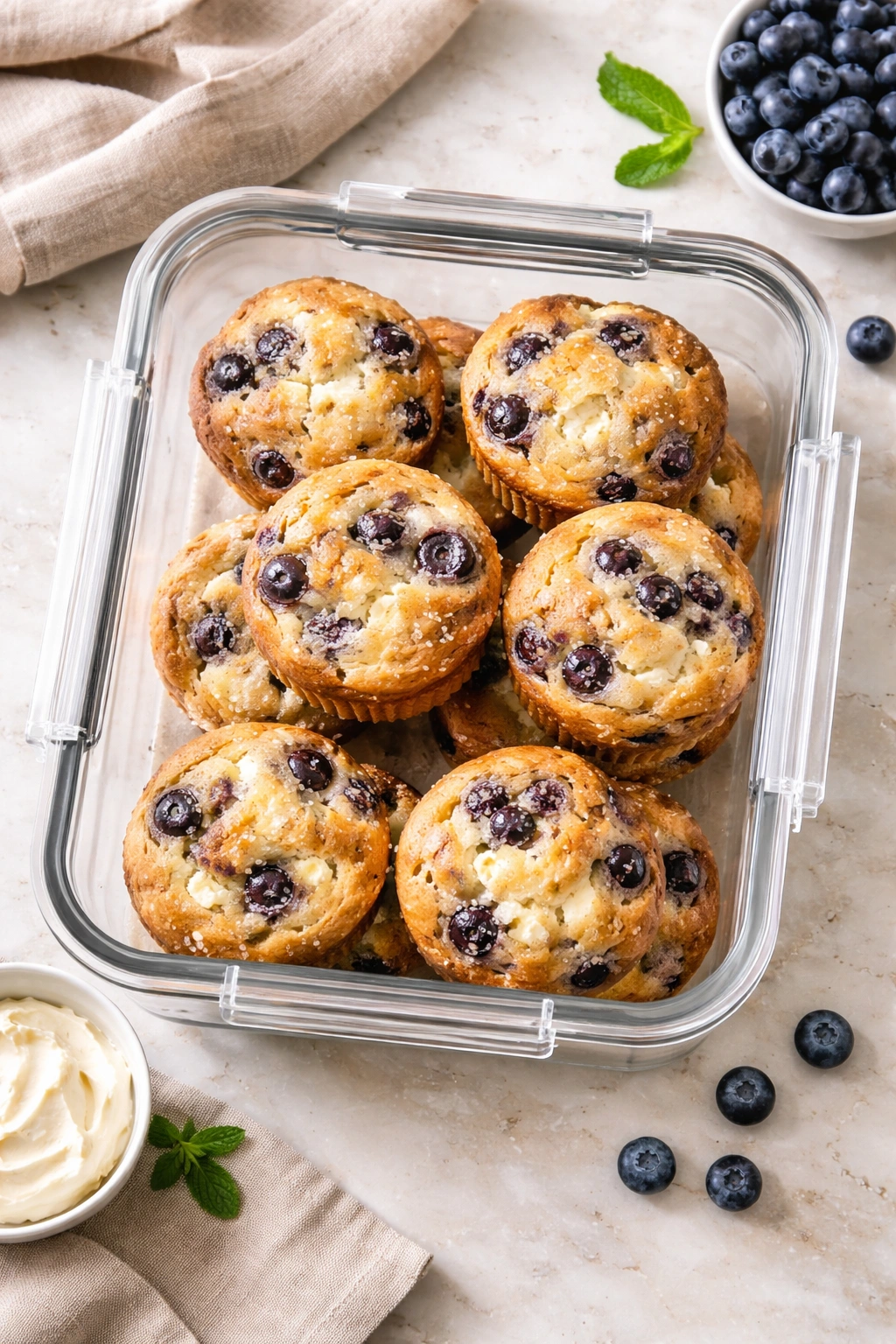 Airtight storage container with muffins inside on a counter