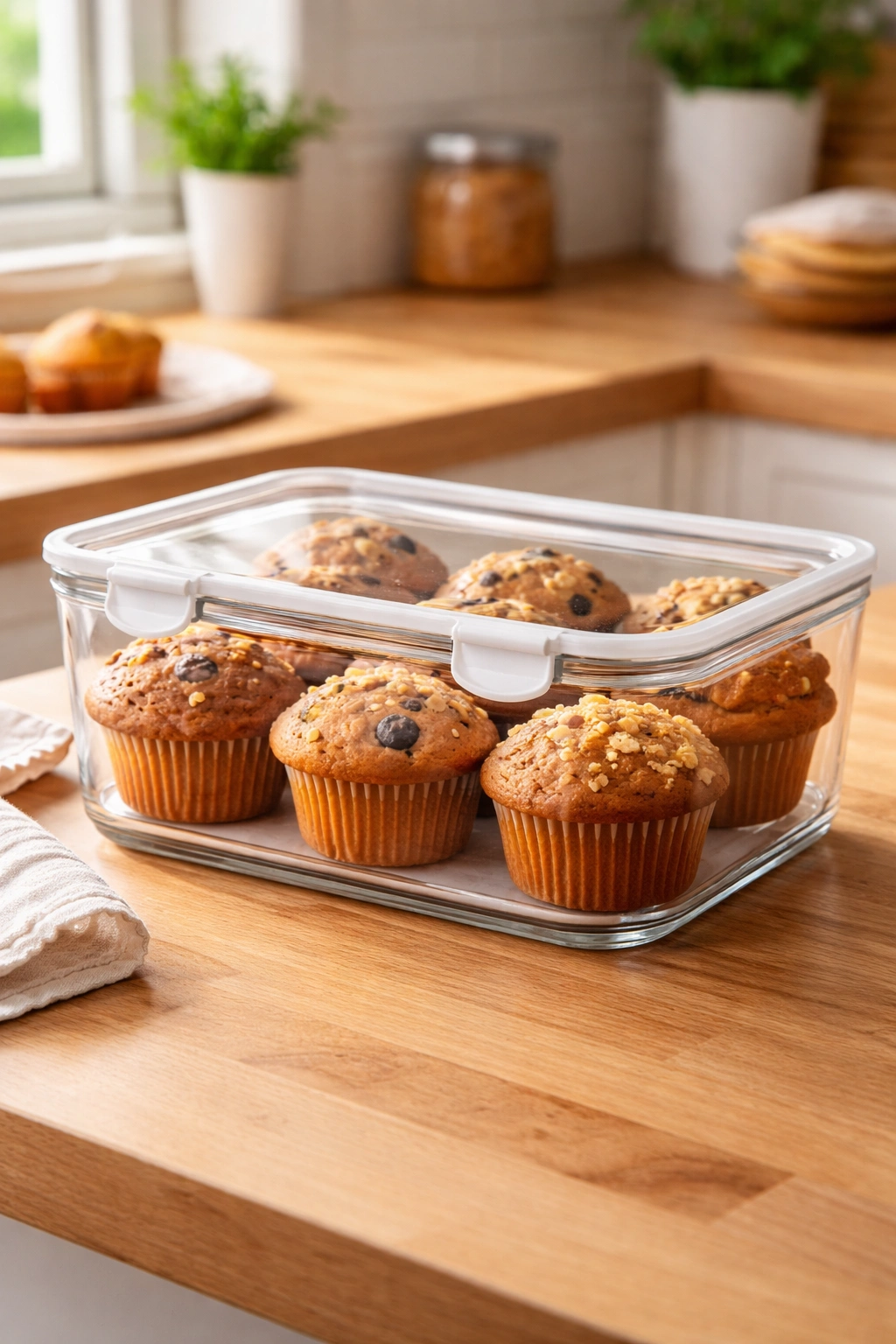 Muffins stored in airtight glass container for freshness