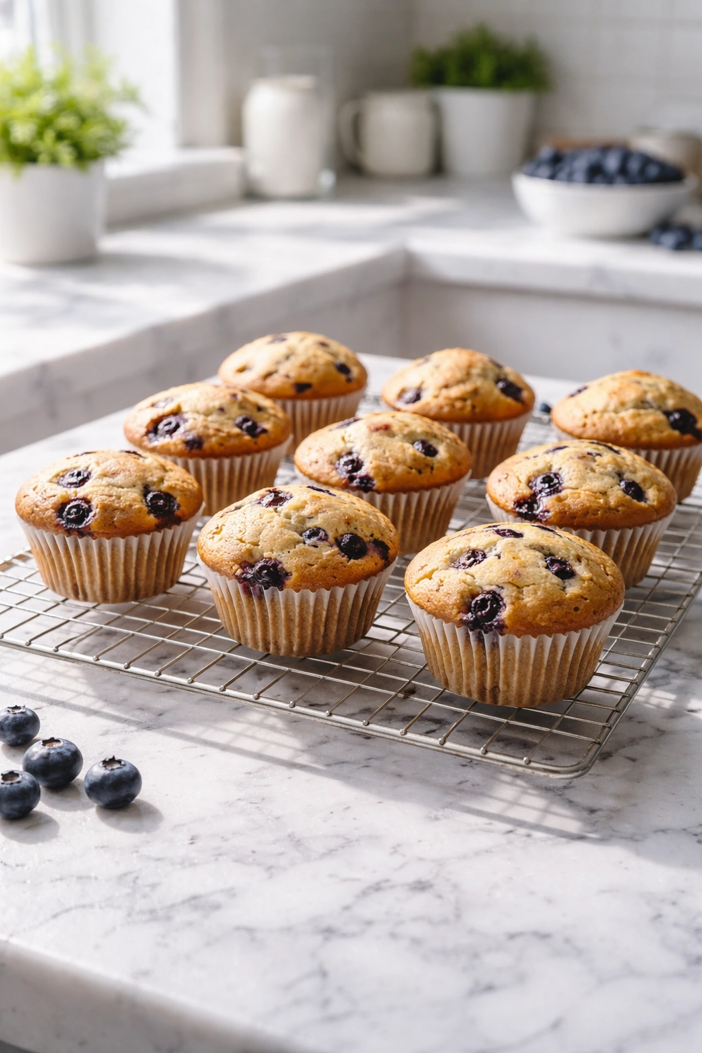 Tray of twelve muffins cooling on a rack
