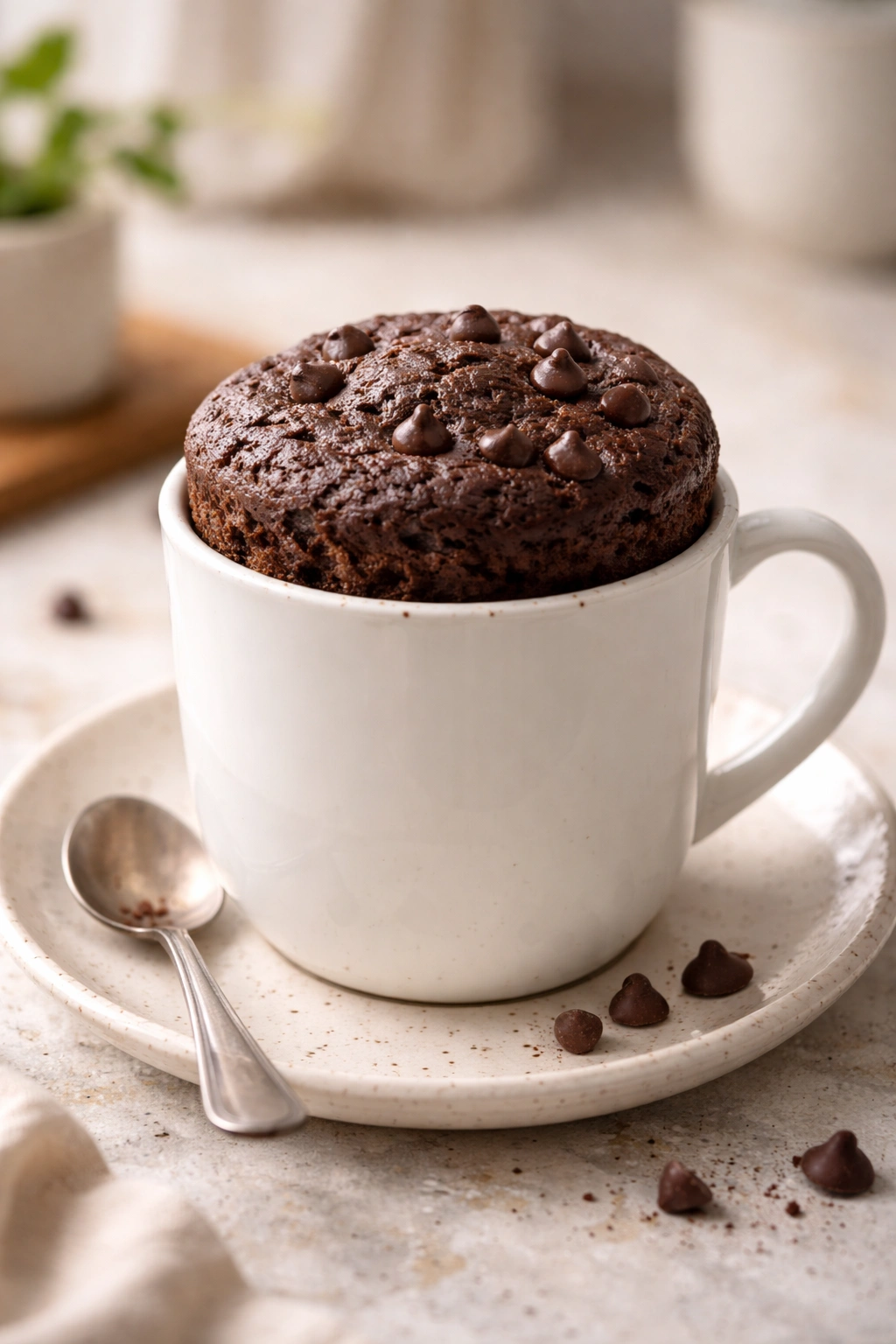 Chocolate mug cake rising in a ceramic mug on a plate.