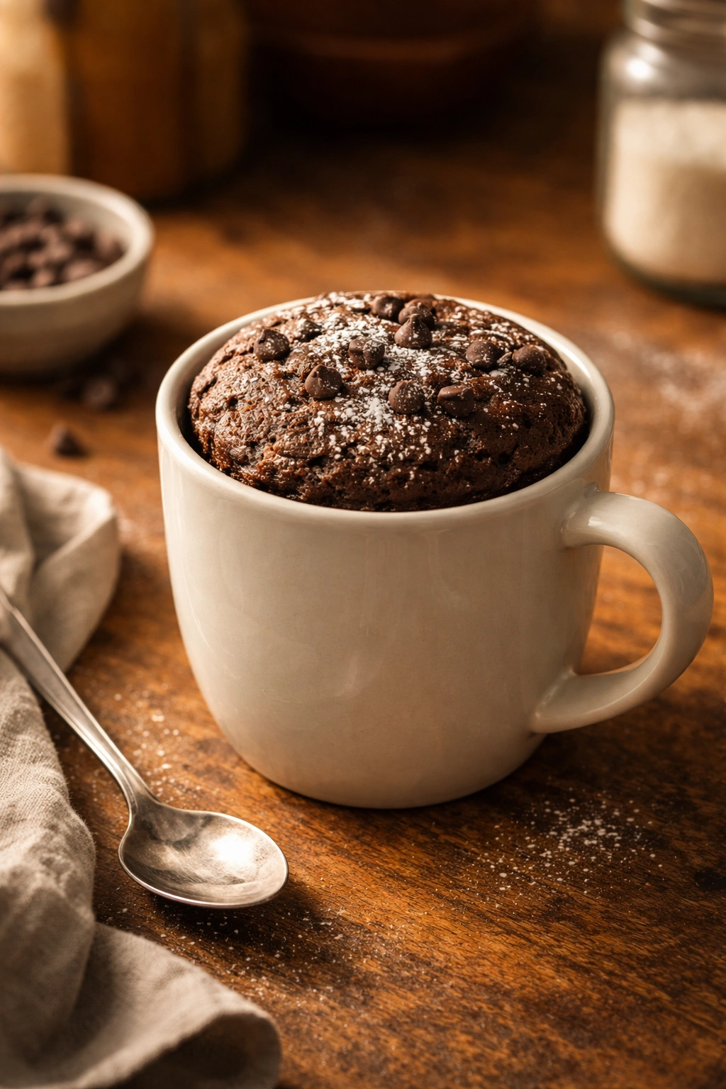 Close-up of a mug cake inside a plain ceramic mug on a wooden countertop with warm lighting