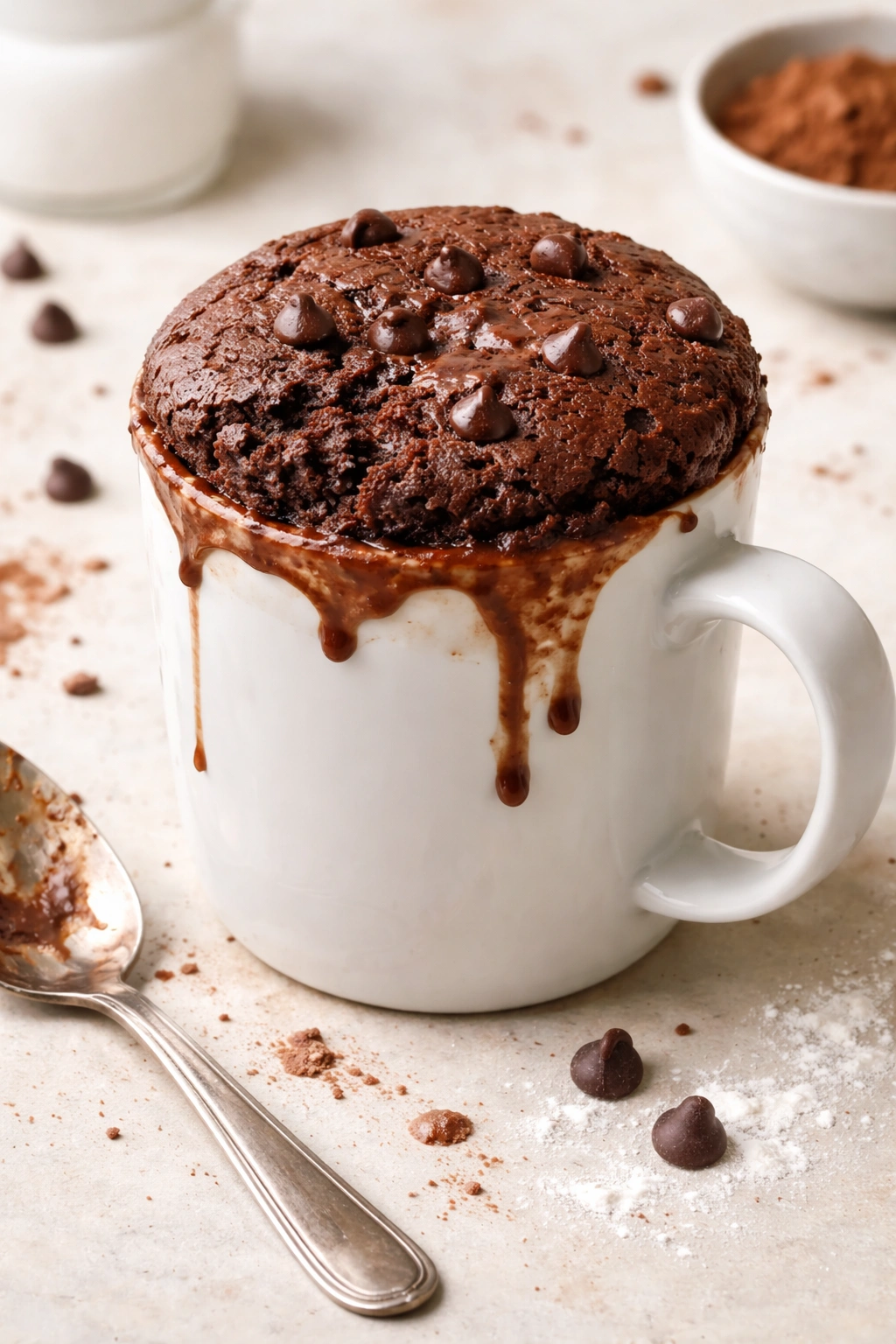 Mug cake with slight overflow at the rim on a simple background