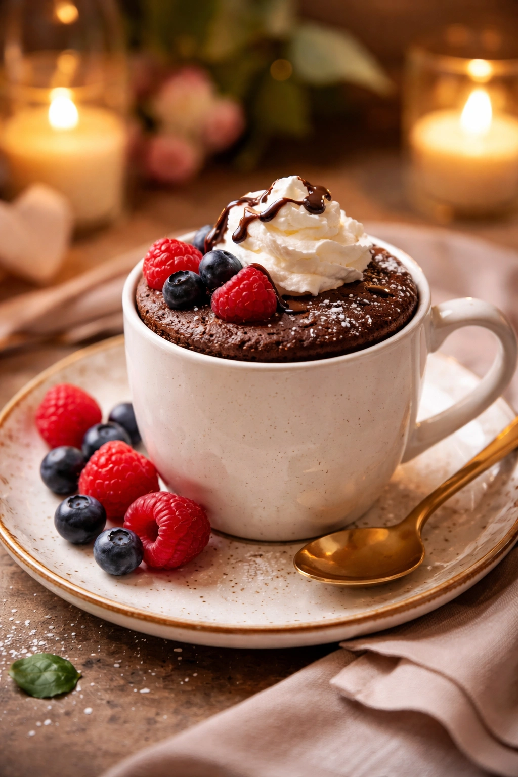 Mug cake on plate with whipped cream and berries for date night