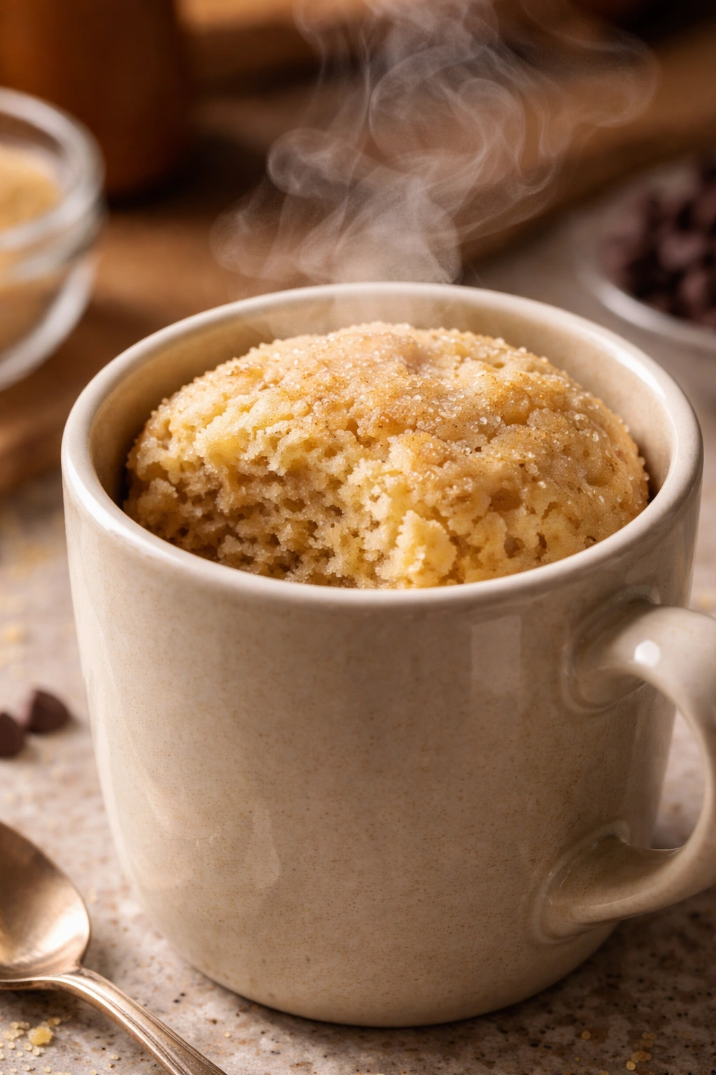 Close-up of a steaming mug cake in a ceramic mug on a warm kitchen counter