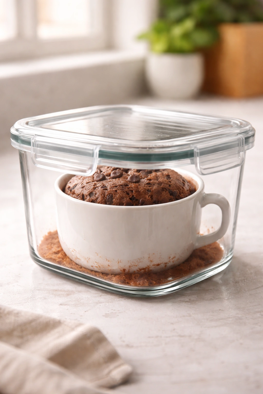 Close-up of a mug cake inside an airtight container on a kitchen counter for storage