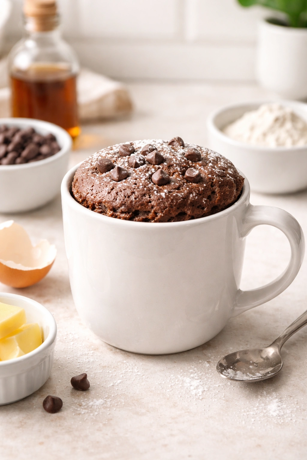 Mug cake with a perfectly set top on a clean countertop