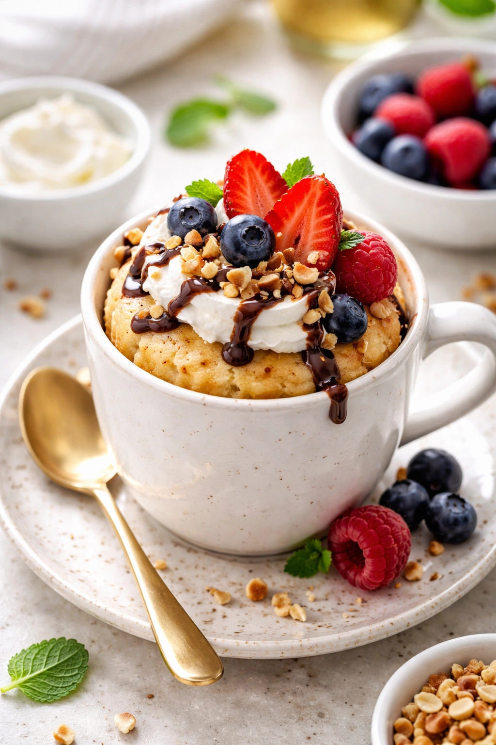 Mug cake with whipped cream berries and ganache on a plate