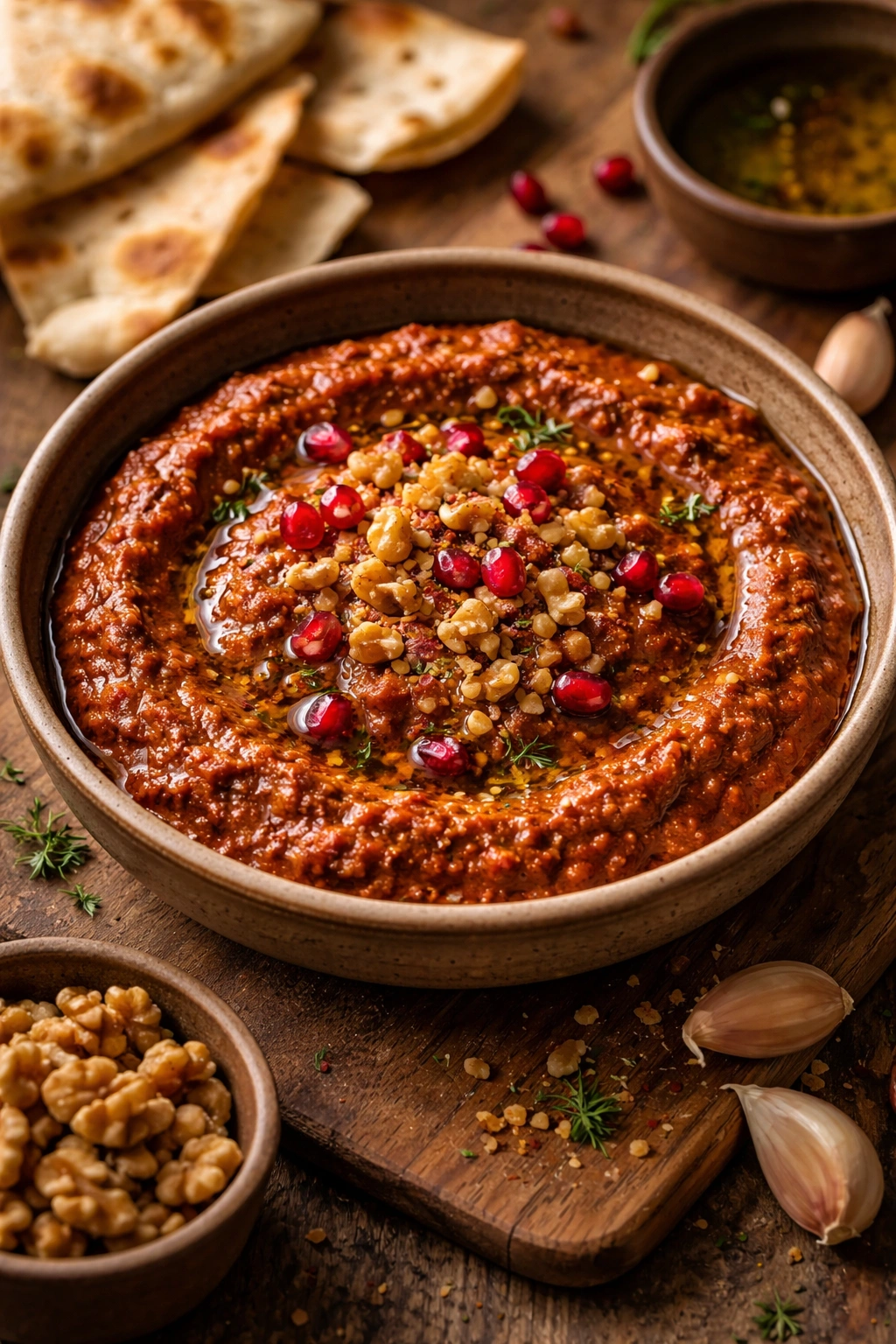 Muhammara dip with walnuts and olive oil in a rustic bowl