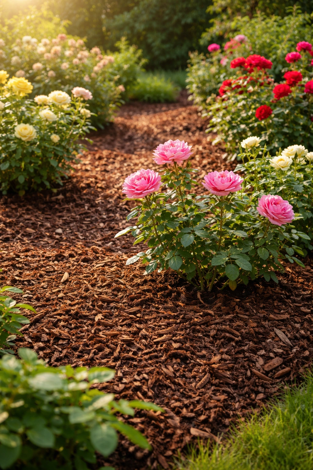 Rose bed with fresh mulch around healthy roses, weeds absent