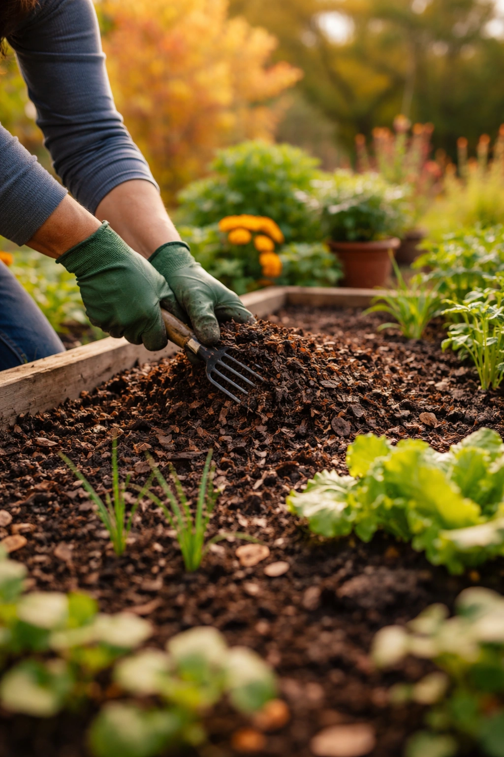 Mulched garden bed in fall California, soil prepared for planting