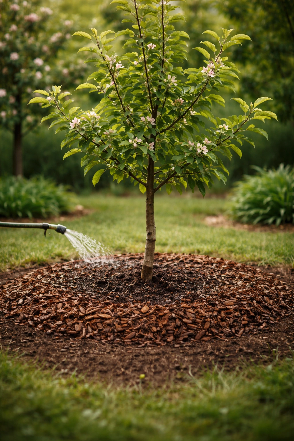 Young apple tree with mulch ring around base illustrating care and maintenance