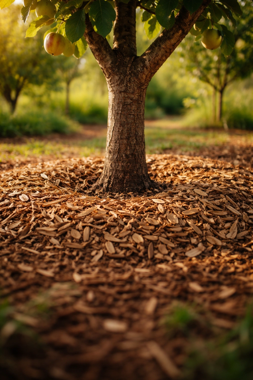 Close-up of tree trunk with thick wood-chip mulch around it