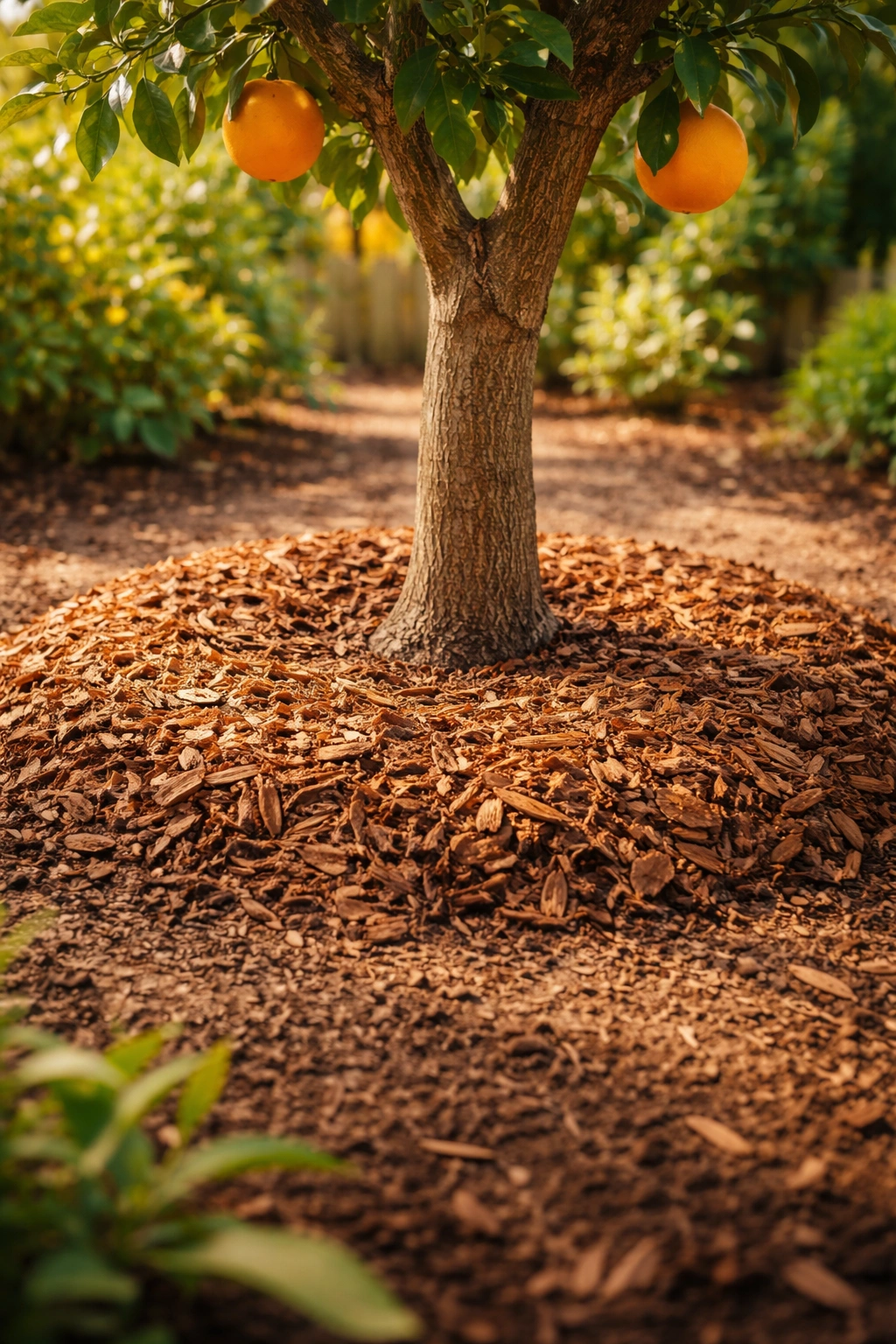 Citrus tree with a thick mulch ring around its base in a garden bed