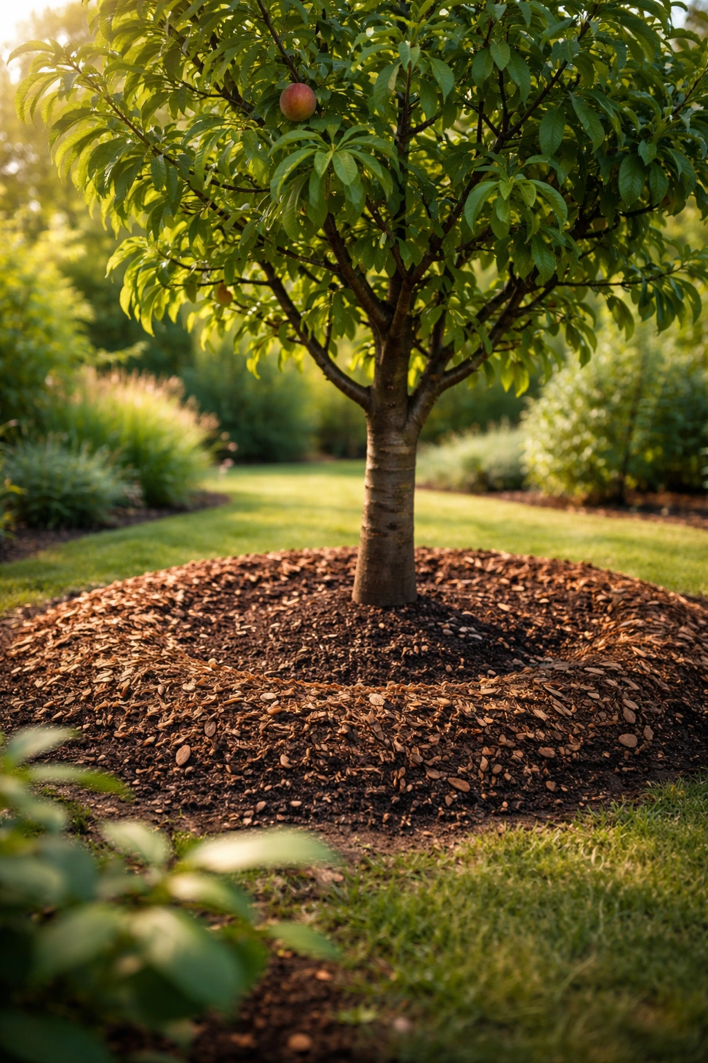 Mulched root zone around a fruit tree after fertilization
