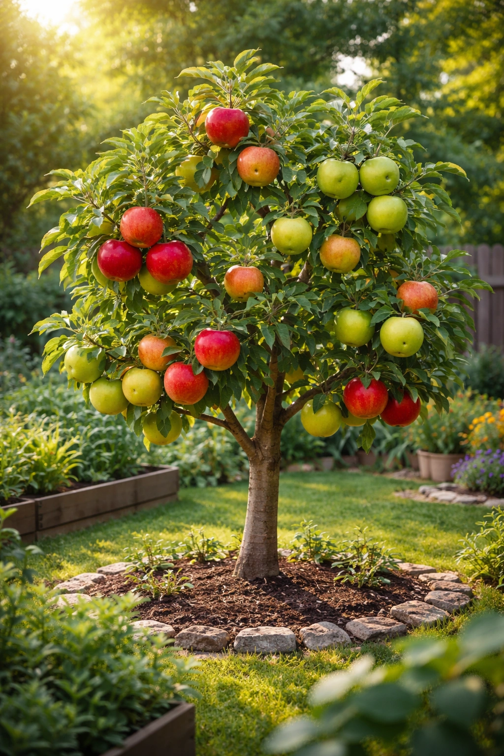 Multi-graft apple tree with different apple varieties on a single trunk in a compact yard.