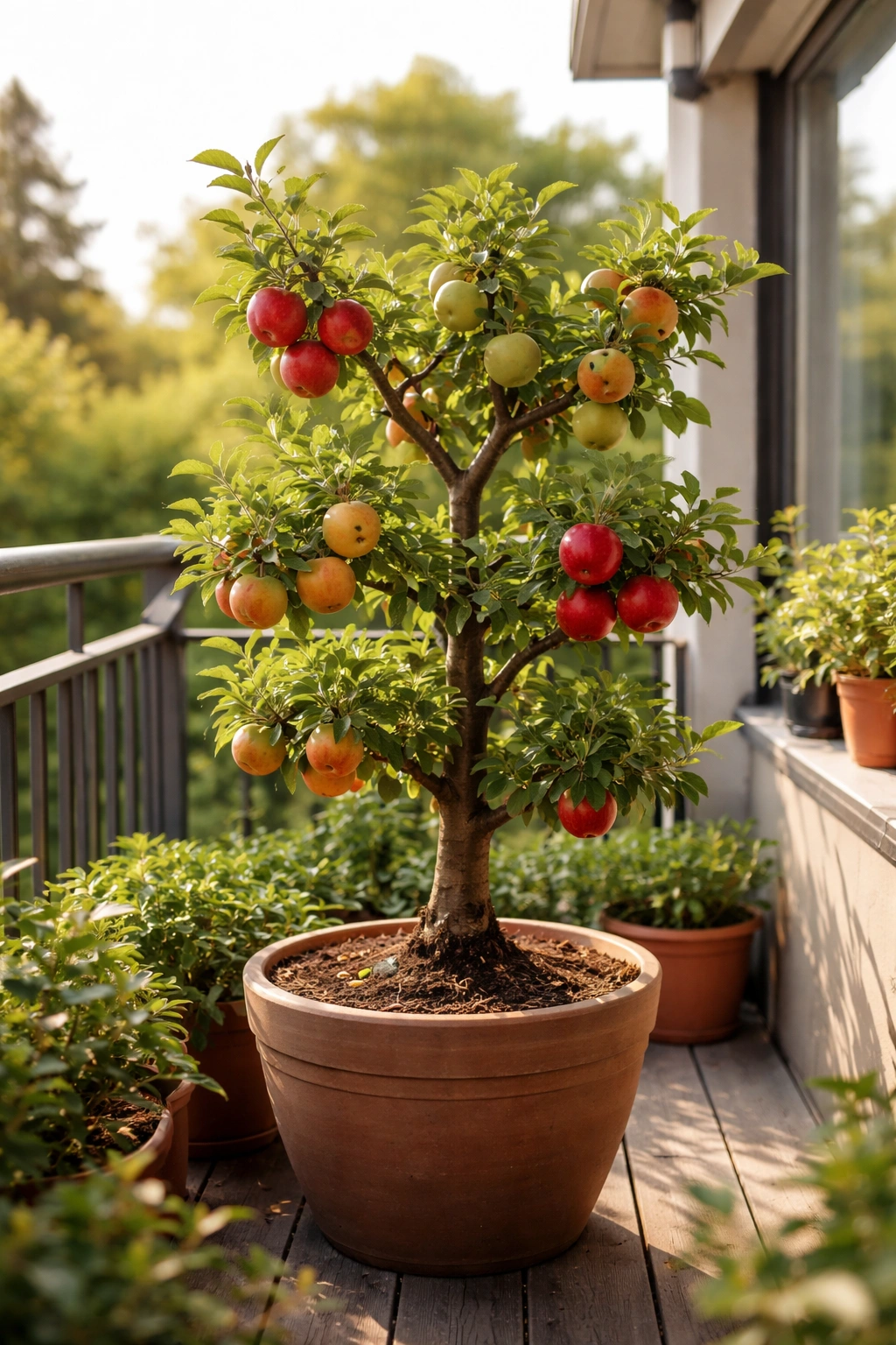 Compact multi-grafted apple tree in a pot on a balcony