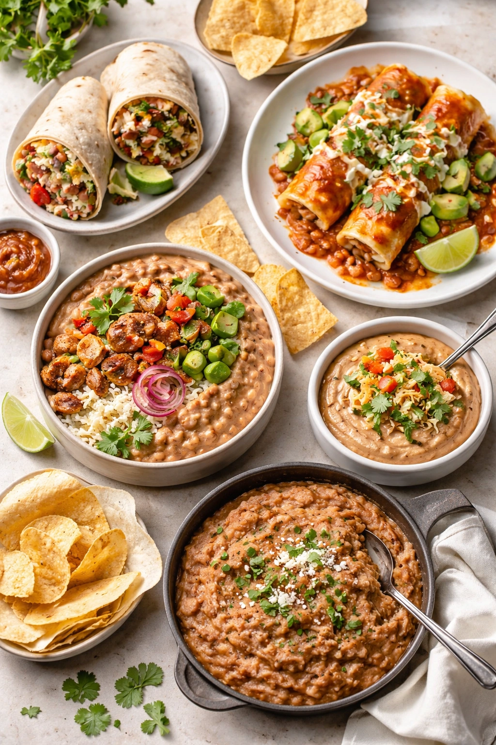 Assorted dishes from one bean batch: bowl, enchiladas, dip, burrito, refried beans