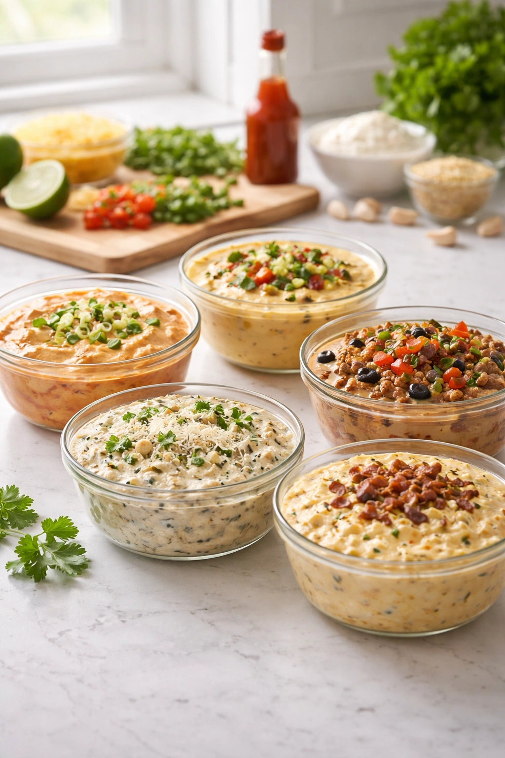 Lineup of five dips in glass bowls on a prep counter