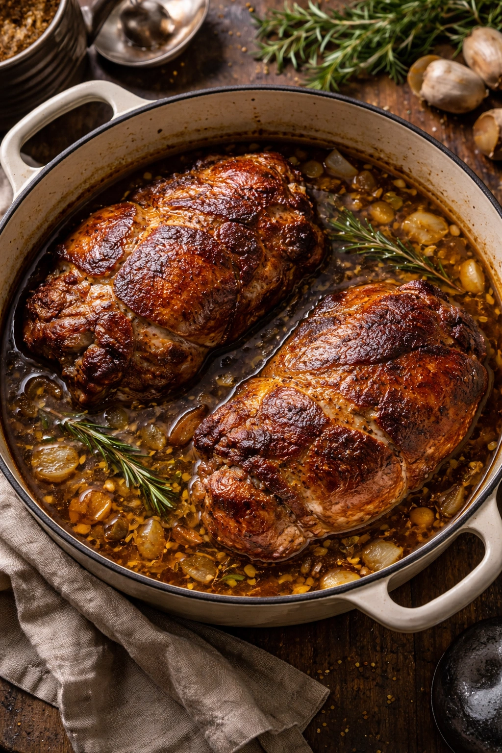 Two pork shoulders in a large braising pot