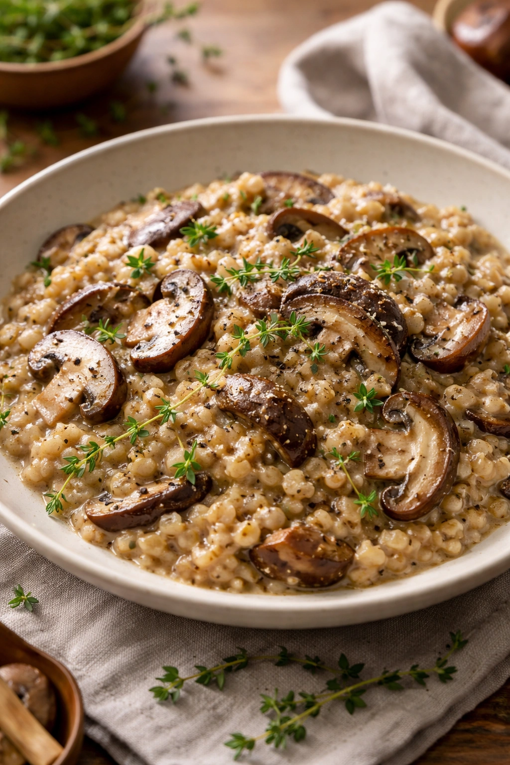 Creamy barley mushroom risotto with thyme in a shallow bowl