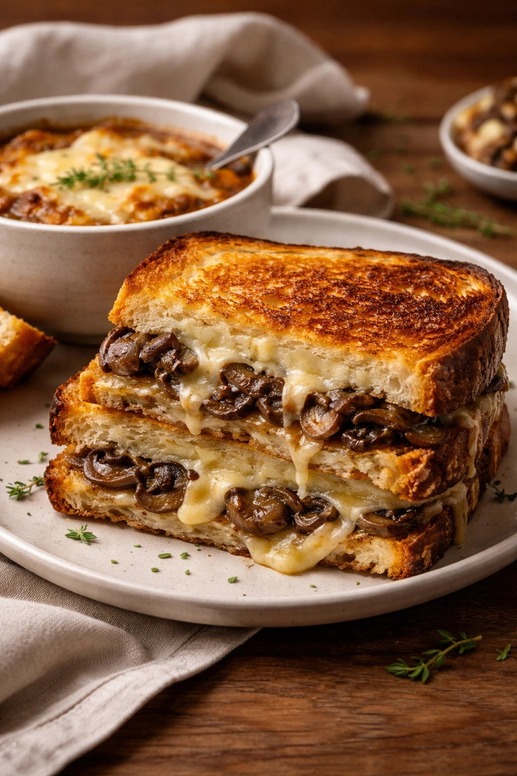 Grilled cheese with caramelized mushrooms and Gruyère on plate
