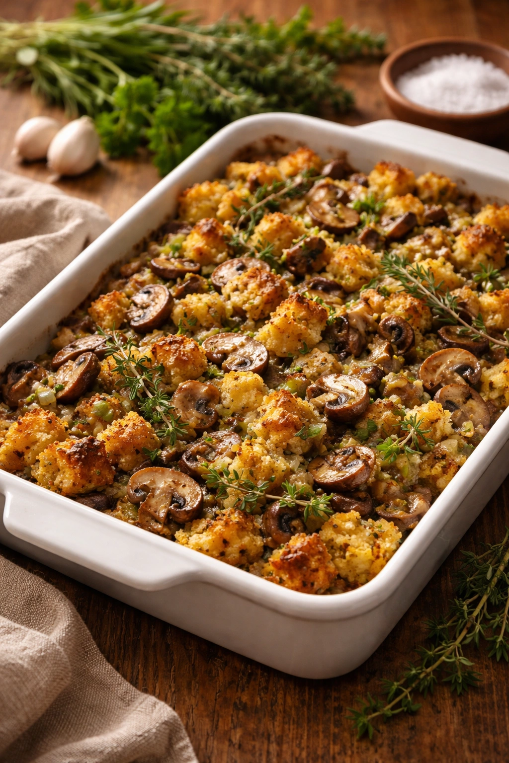 Cornbread stuffing with mushrooms and herbs showing a variation in texture and color