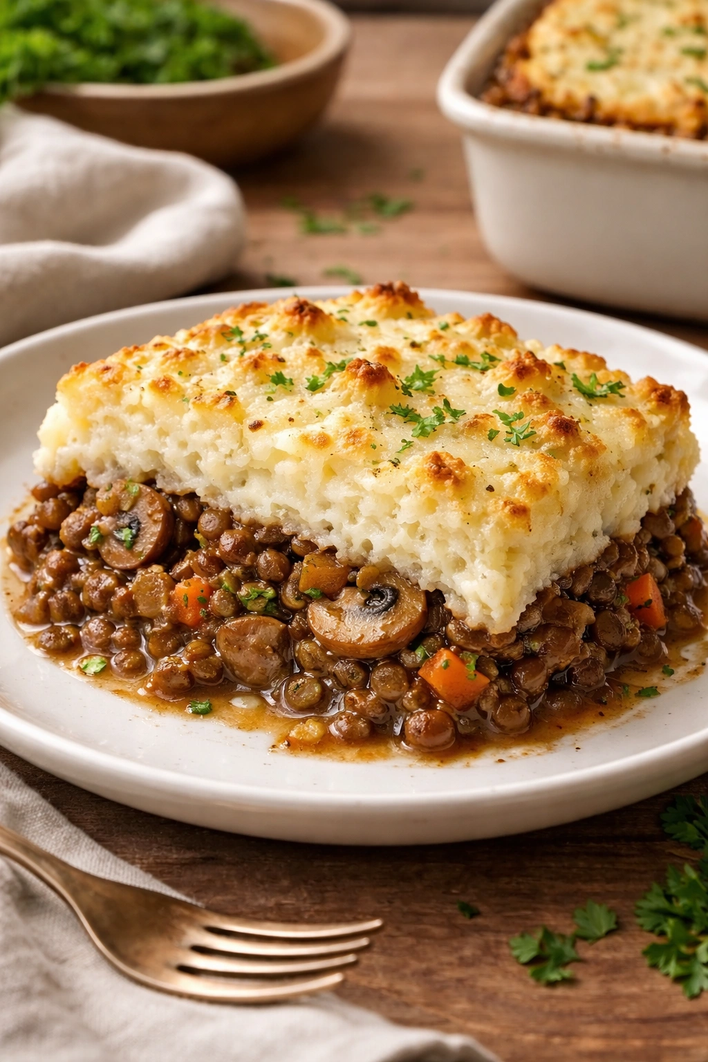 Slice of shepherd's pie with cauliflower topping on plate