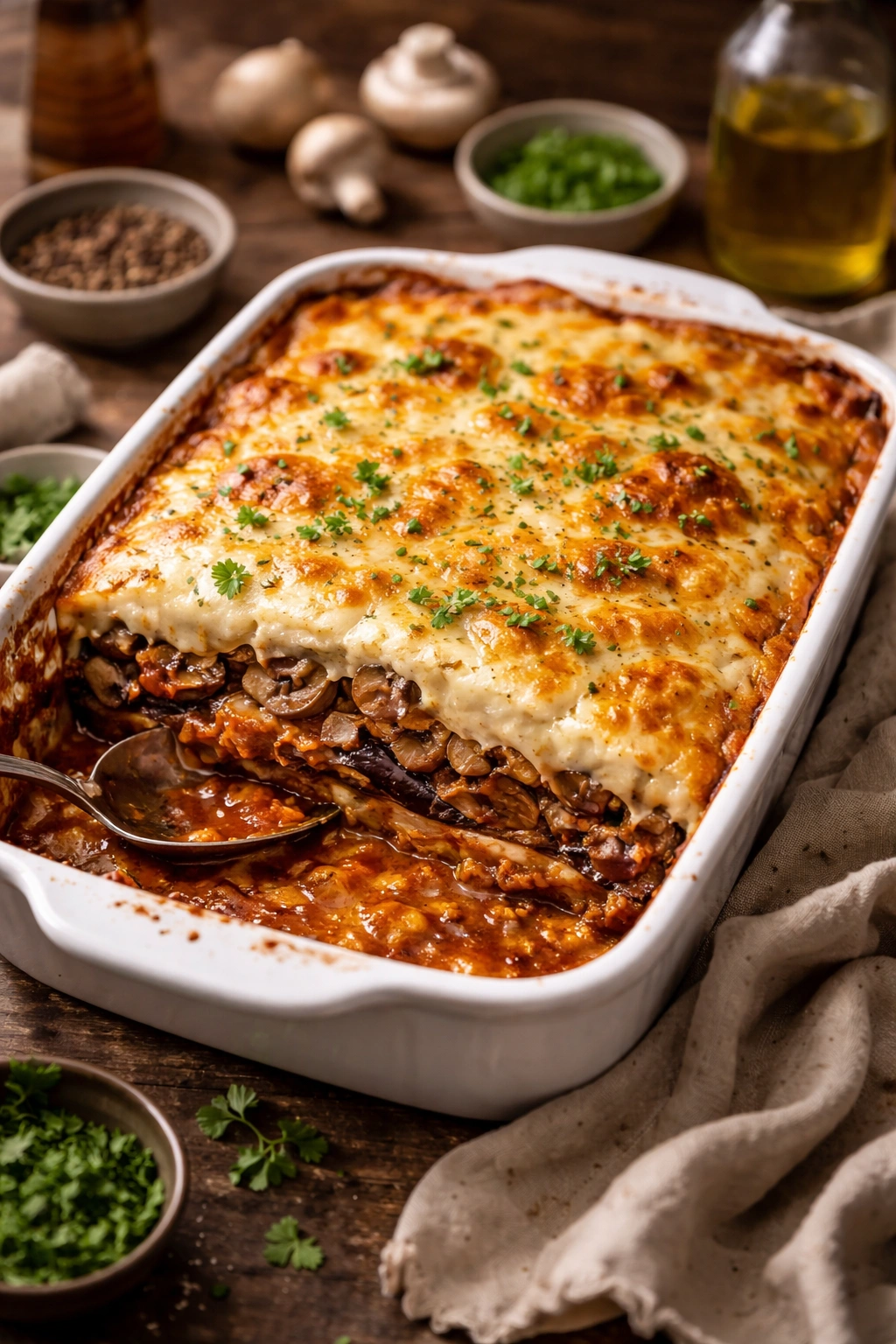 Layered mushroom moussaka in a baking dish with golden béchamel top