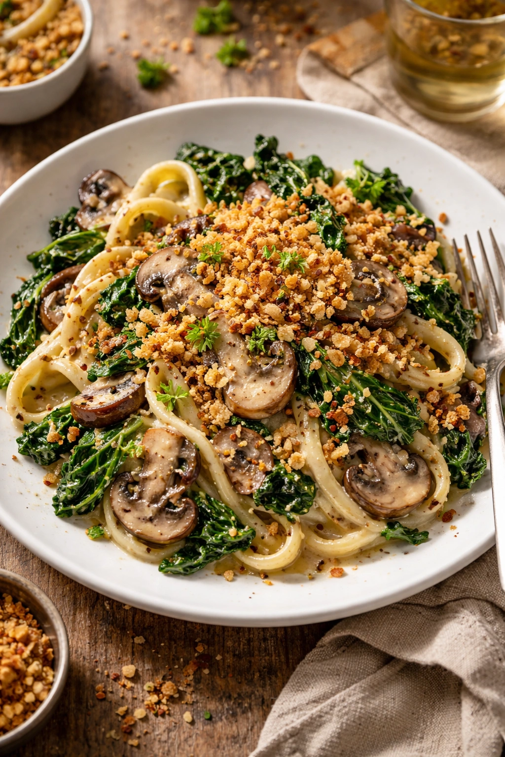 Creamy mushroom pasta with greens and crispy breadcrumbs on plate
