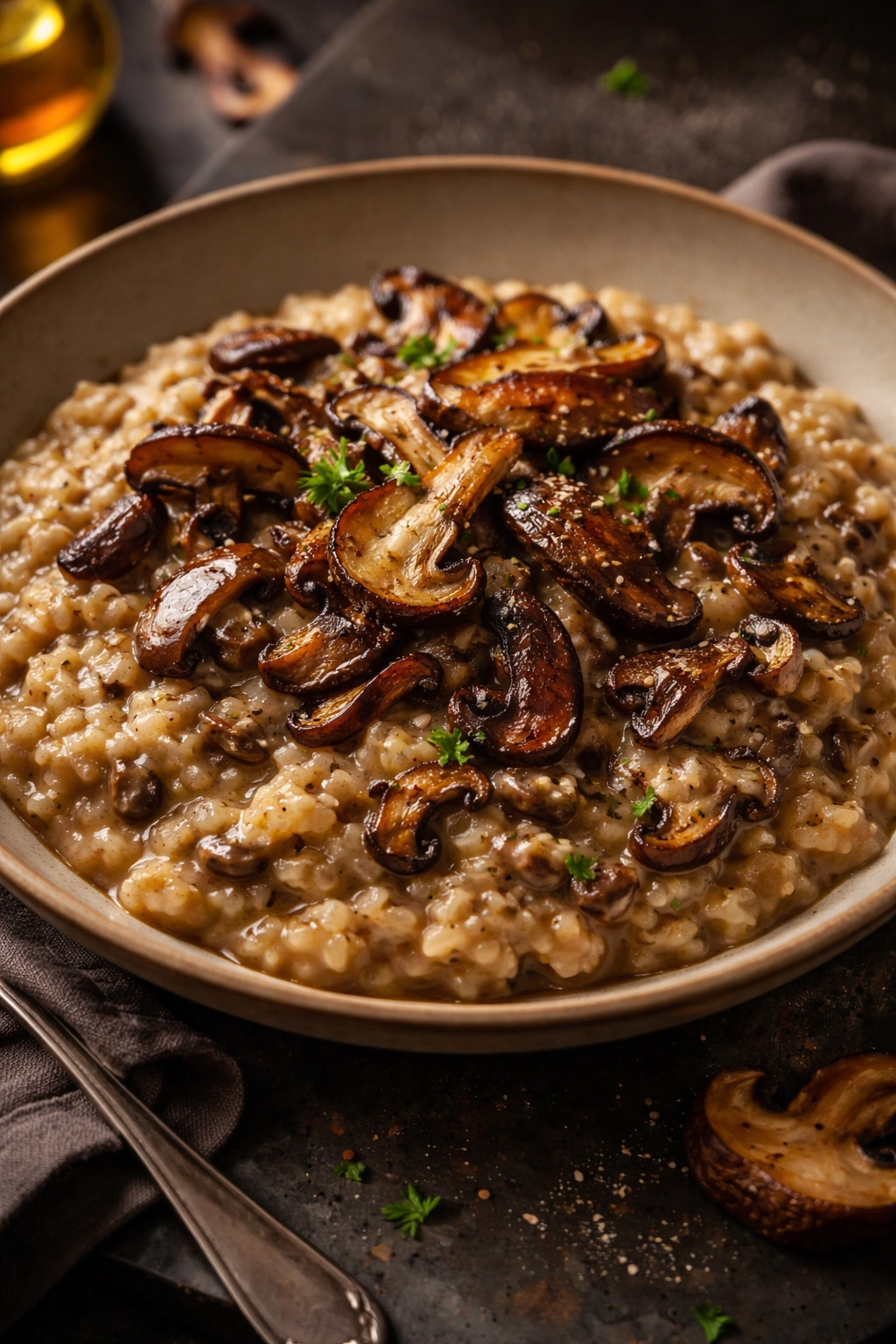 Creamy mushroom risotto with caramelized mushrooms and crispy mushroom chips