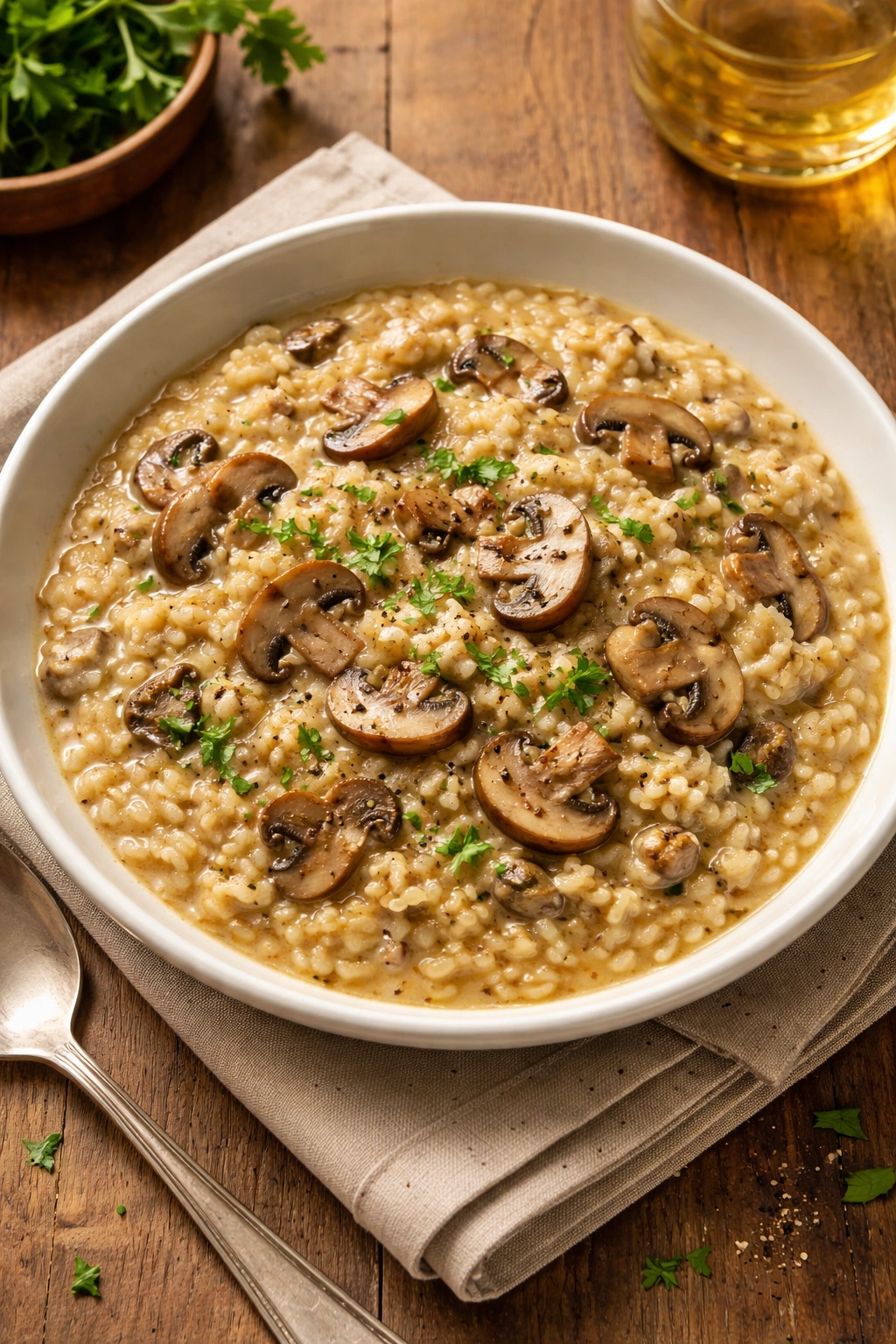 Creamy mushroom risotto in a white bowl on wooden table