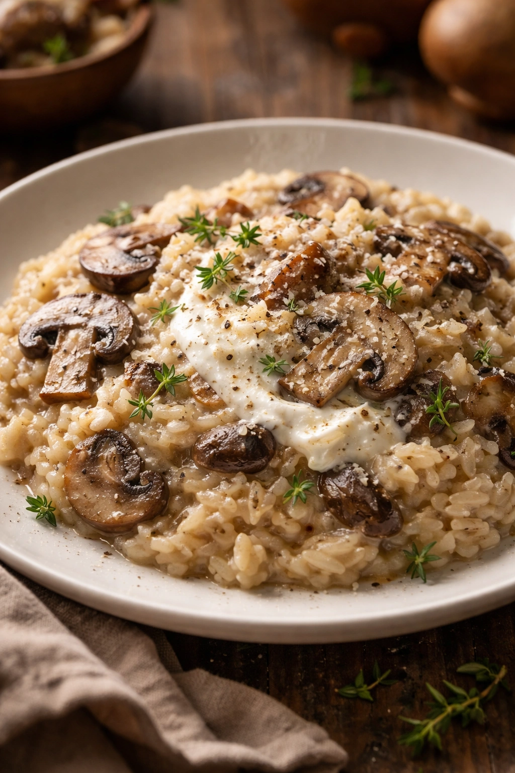 Creamy mushroom risotto on plate with mushrooms and parmesan, low-calorie healthy dish