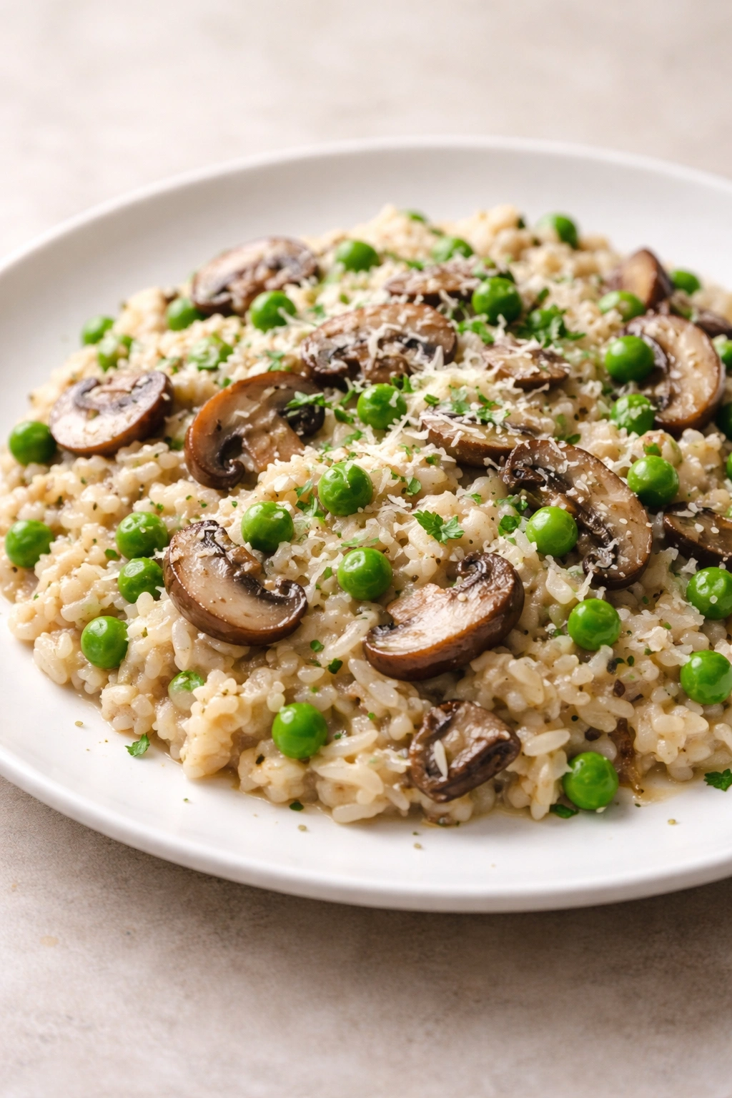 Creamy mushroom risotto with peas plated elegantly