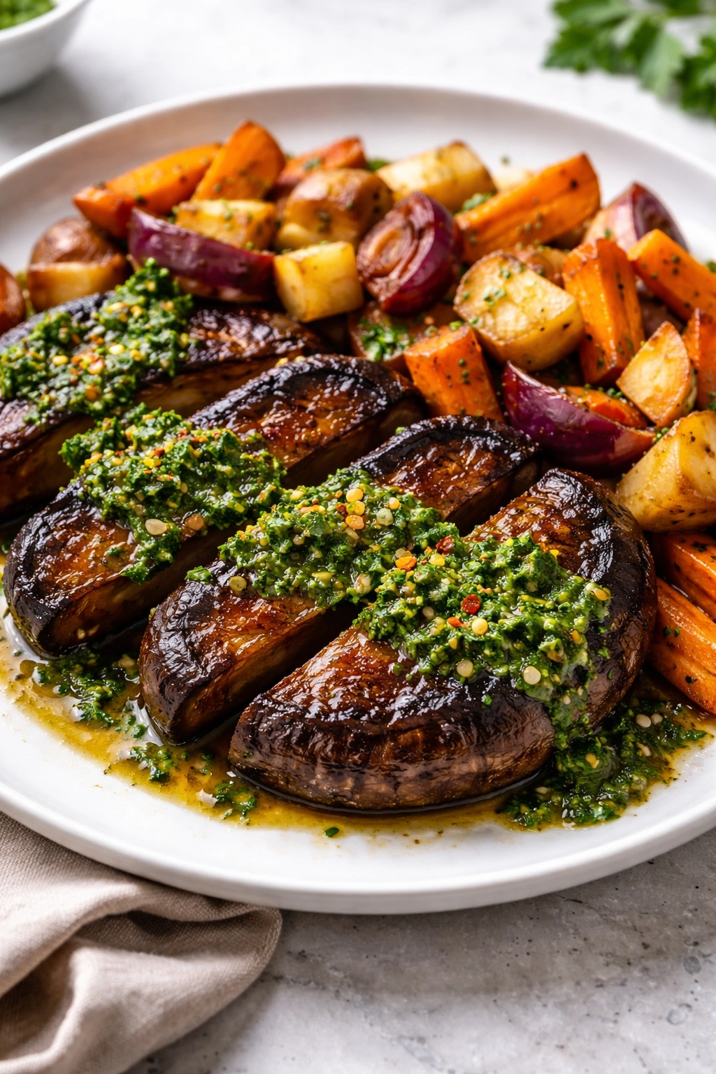 Thick mushroom steaks with chimichurri and roasted roots on plate