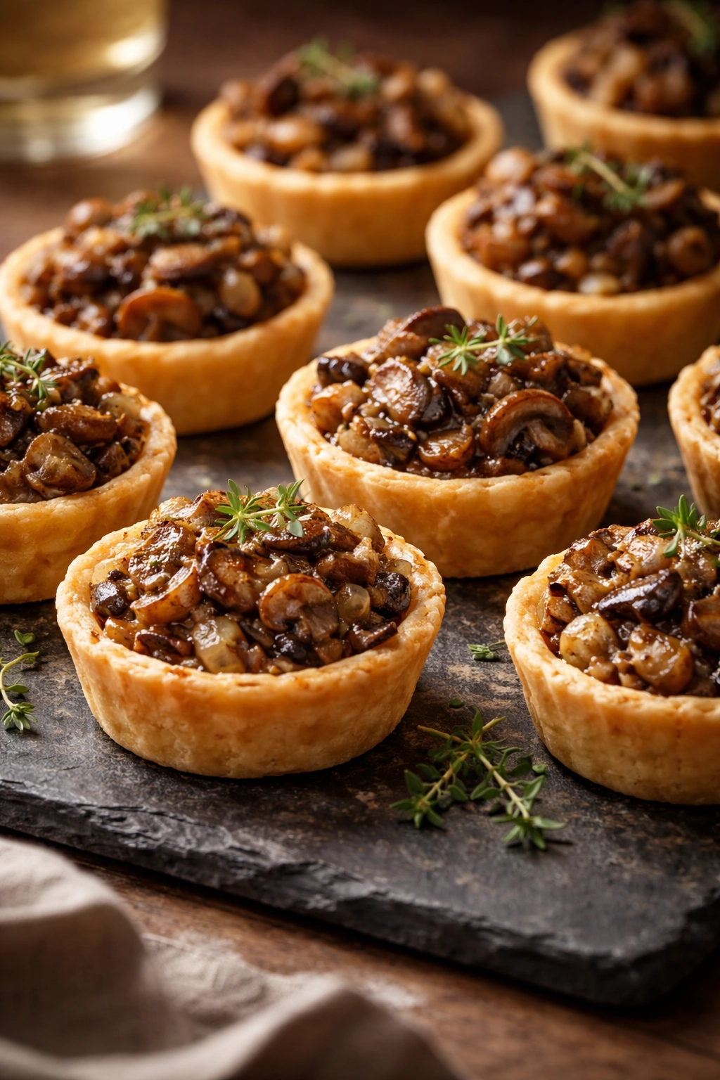 Mushroom tartlets in small pastry shells with thyme