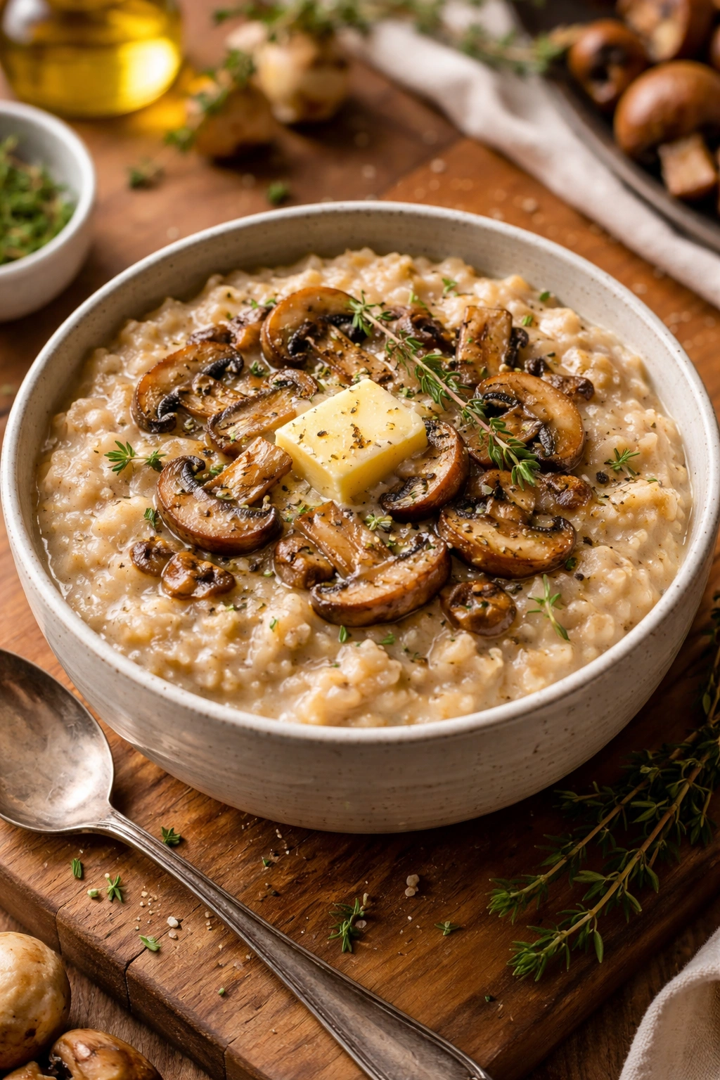 Creamy mushroom and thyme oatmeal with mushrooms and thyme