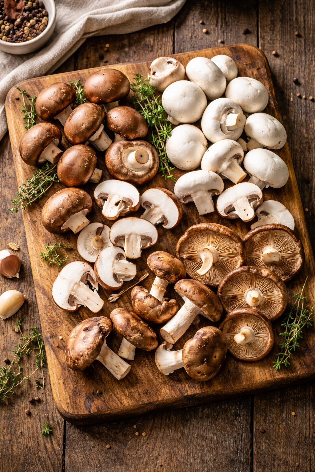 Assortment of fresh mushrooms on wood board with varied colors