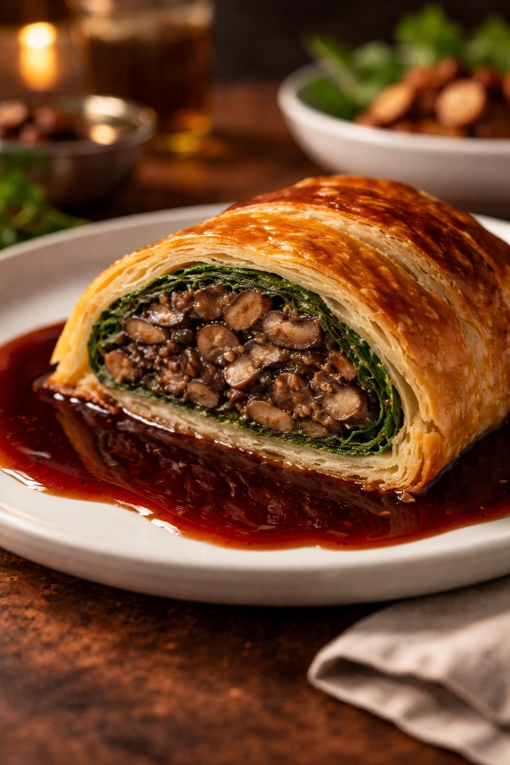 Slice of mushroom and walnut Wellington on a white plate with red wine sauce