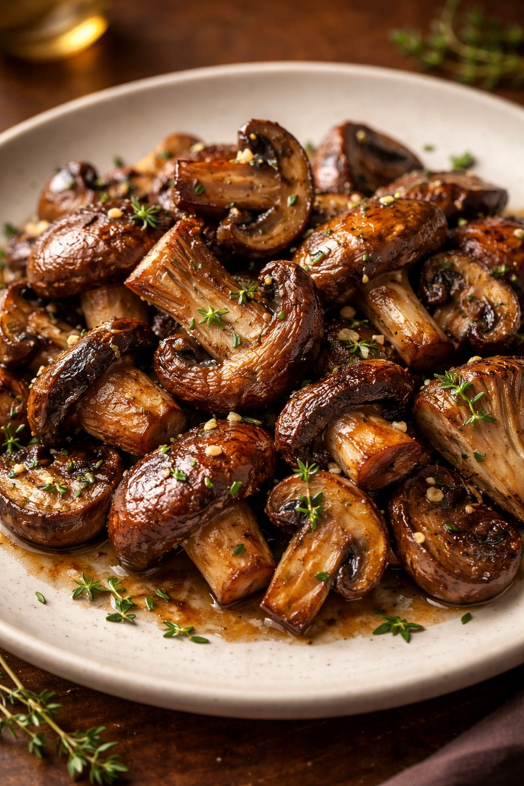 Roasted mushrooms with garlic and thyme on a plate