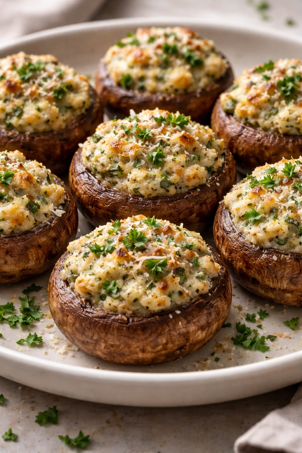 Stuffed mushroom caps with herb cheese filling on a plate