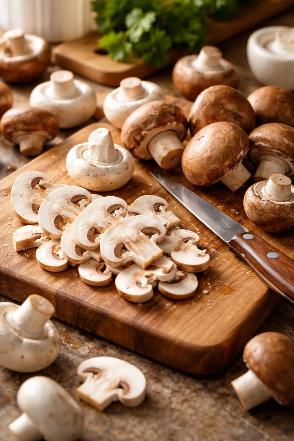 Fresh mushrooms on cutting board for stroganoff prep