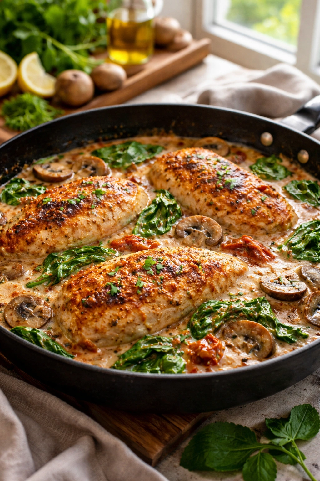 Chicken in creamy sauce with mushrooms and spinach in a skillet
