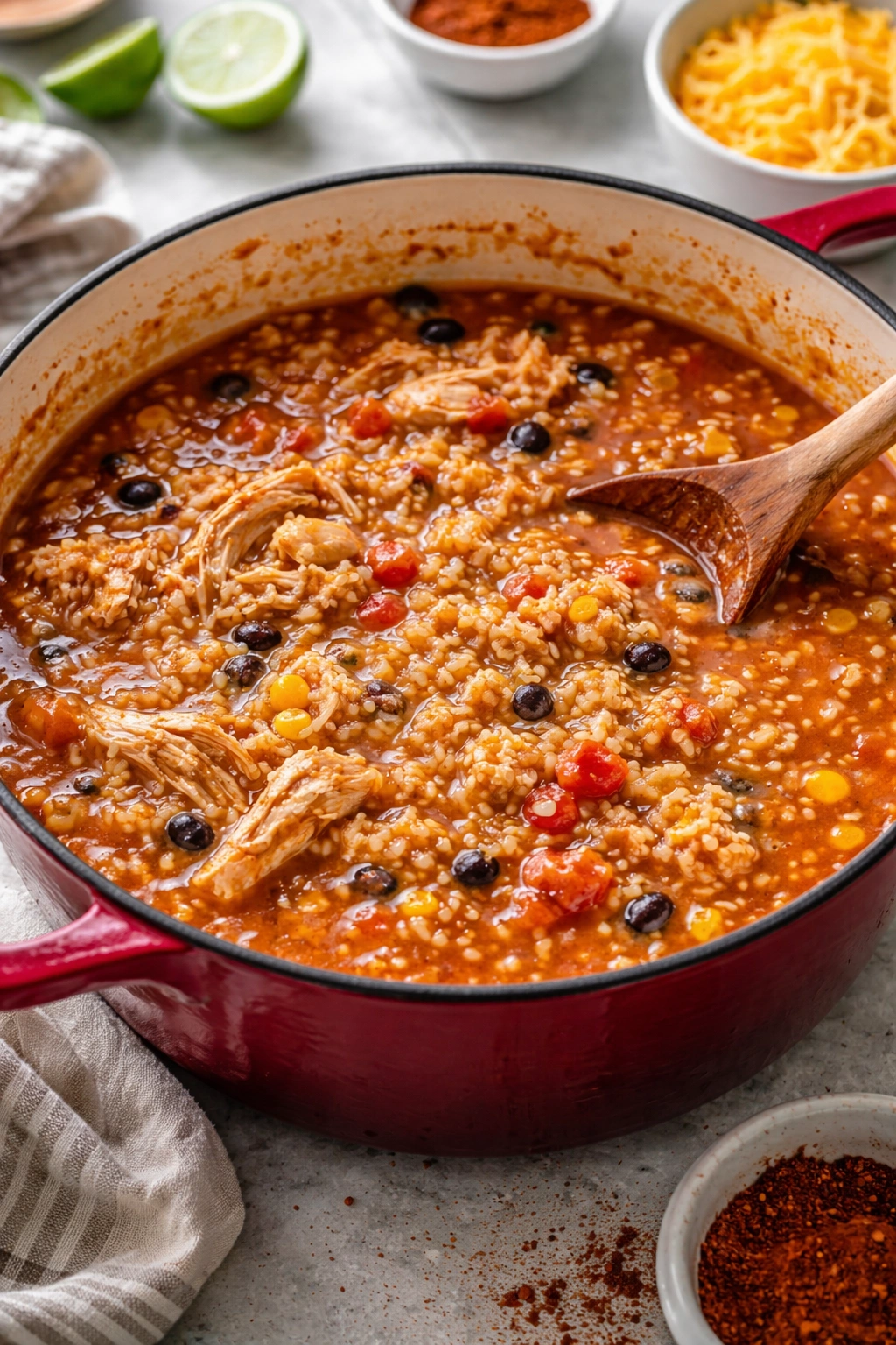 Pot of mushy rice with saucy liquid illustrating a common mistake in one-pot enchilada rice
